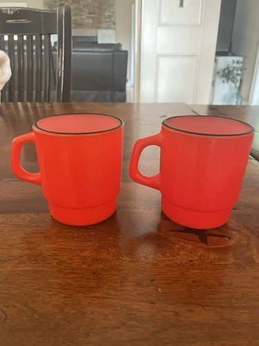 Vintage Lot/Set 2 Fire King Anchor Hocking Milk Glass Coffee Cup Mug Red