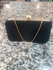 Vintage After Five Black Satin Evening Clutch Purse with Gold Tone Chain