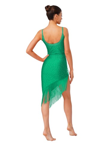Womens Latin Dance Costume Glitter Tassel Sleeveless Dress Lace-up Irregular Hem - Picture 82 of 85