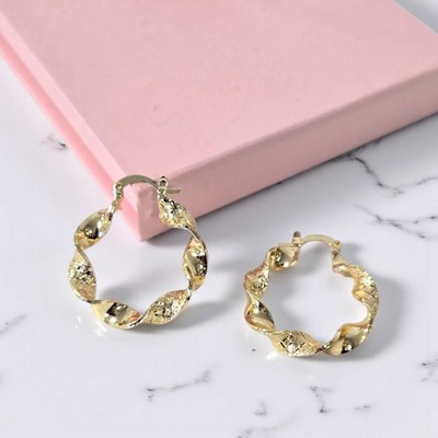 9ct Gold Filled 35mm Small Twist Hoop Earrings Lightweight Dia Cut Gold Hoops