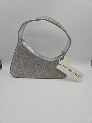 MADISON WEST Silver Crystals Evening Shoulder Bag NWT Sparkle Unique Shape