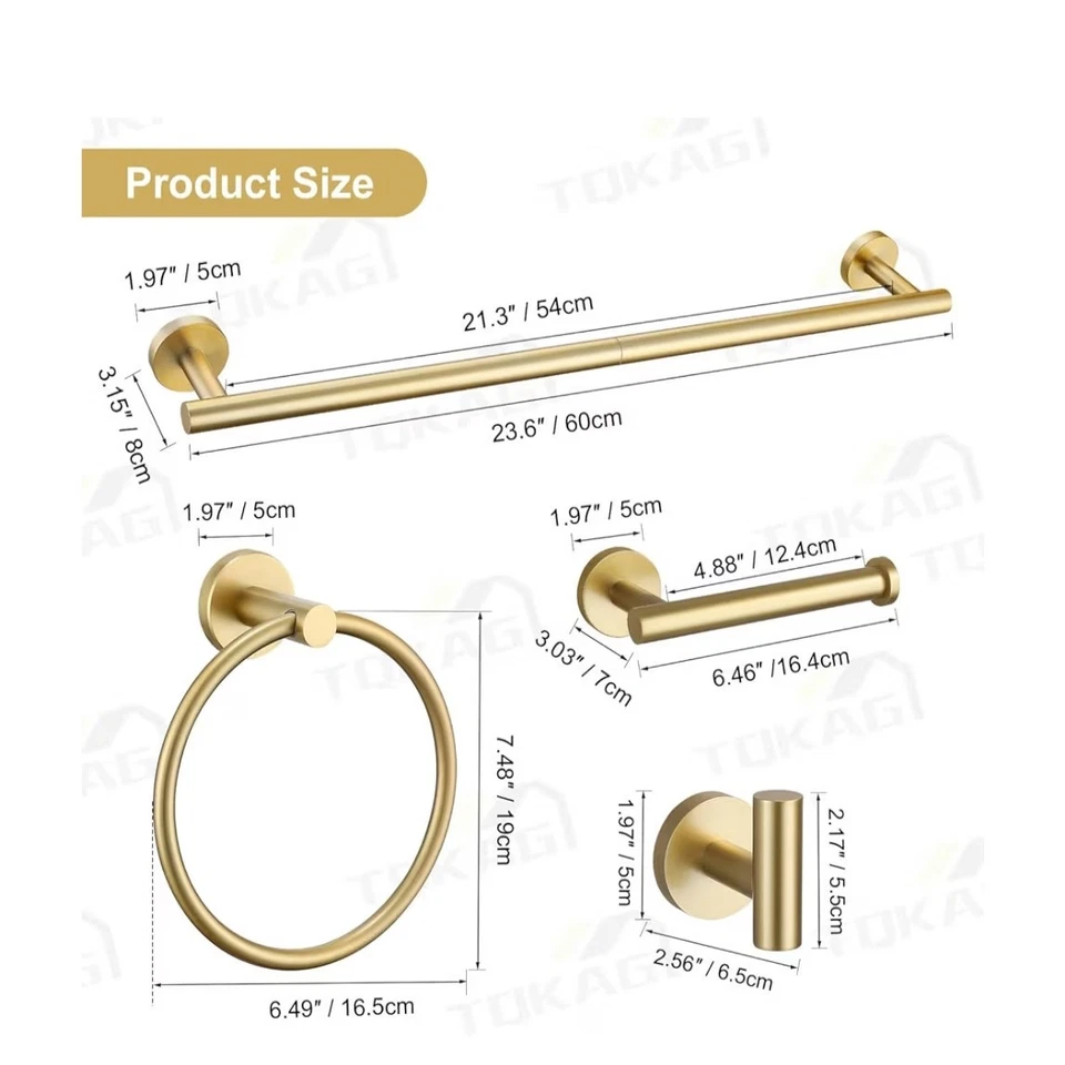 Juego de 6 piezas de herrajes de baño de oro cepillado barra de toallas de acero inoxidable nuevo en caja Foto 4 de 4