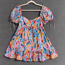 Amanda Uprichard Sicily Mini Dress M Orange Blue Miami Babydoll Puff Party