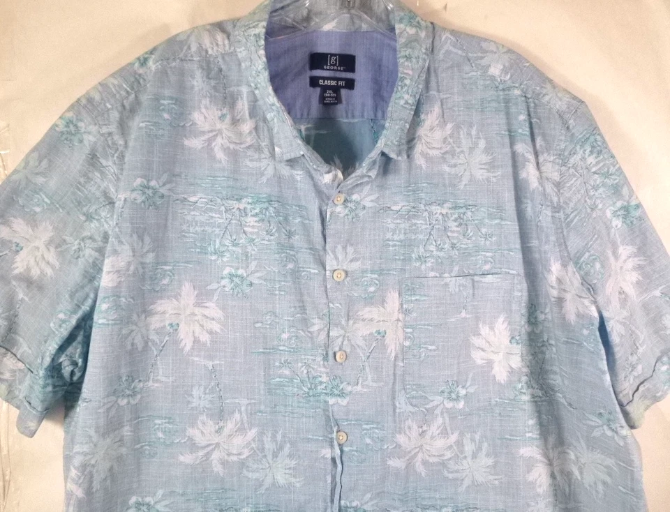 Camisa Hawaiana George-Mens-2XL XXL-Azul-Manga Corta-Botón Abajo-100% Algodón Foto 2 de 4
