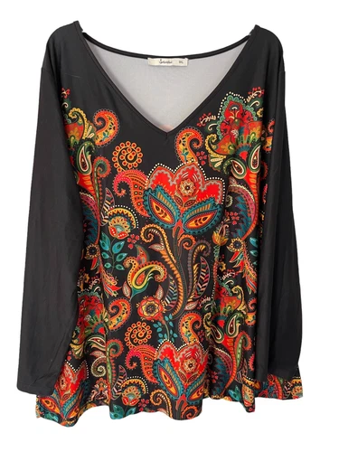 Sakurafina Top Womens 3XL Stretch Knit V-Neck Long Sleeves Boho Paisley Tunic