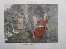 Gravure 19° Van den Bos l'étude en plein air (peintre gardienne d'oies)