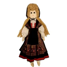 Primitive European Folk Art Girl Cloth Doll Pinafore Petticoat Yarn Hair 18"