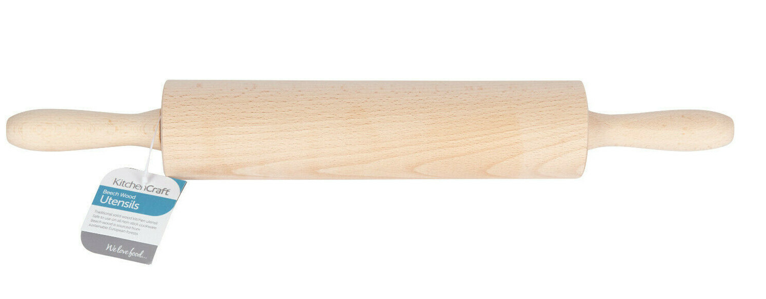 KitchenCraft Rolling Pin Wooden 44cm Traditional Beech Revolving Baking Pizza