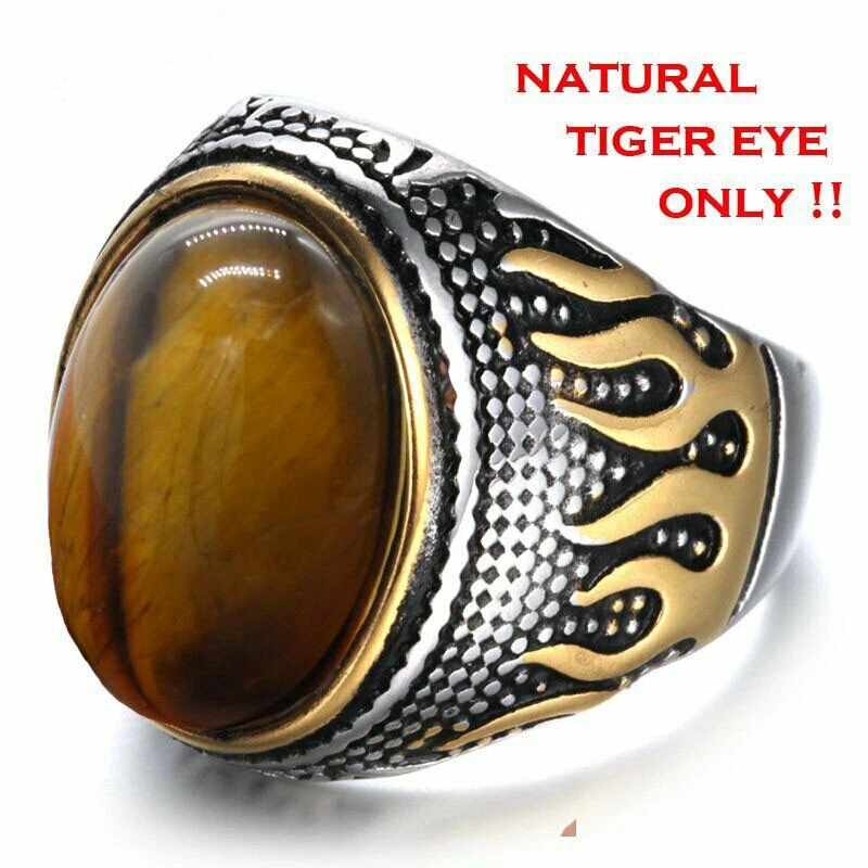 Mens Stainless Steel Gold Natural Oval Tiger Eye Stone Ring Men Size 7-15 Gift - image 2 of 4