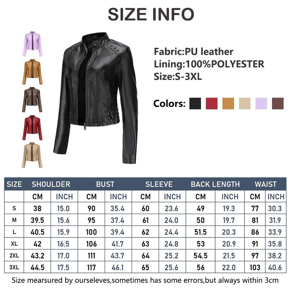 Nuevo abrigo corto de manga larga con cuello alto chaqueta de cuero sintético con remaches para mujer L Foto 2 de 4