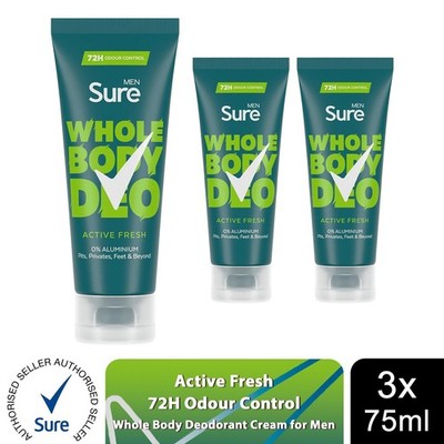 Sure Men Ganzkörper Deocreme Active Fresh mit 72h Geruchskontrolle 75ml, 3 Stück