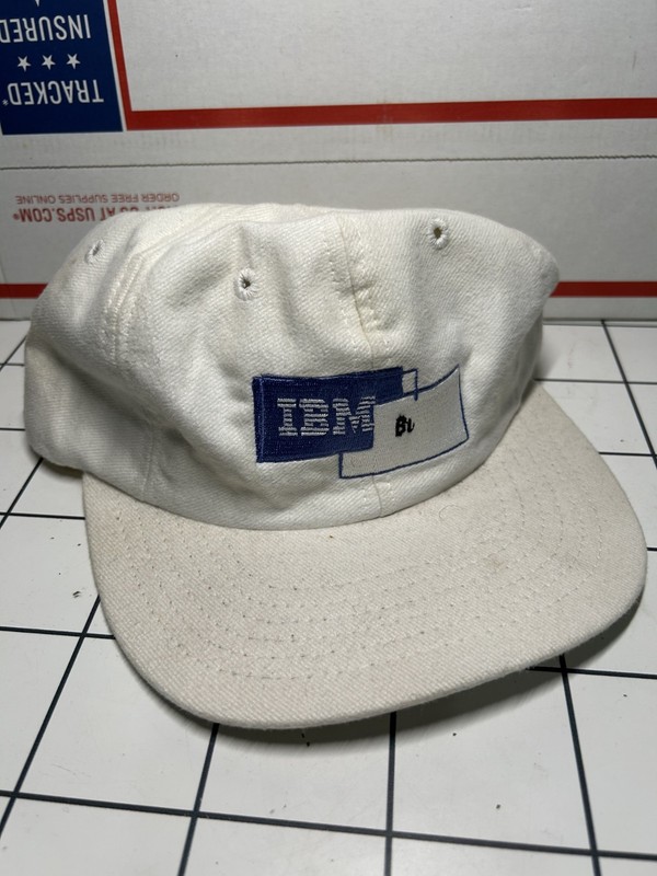 Vintage IBM Hat Employee White Dad Trucker Cap Blue Logo Tech Computer Retro