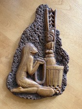 Vintage Hawaiian Lava Wall Plaque &ldquo;Island Maiden&rdquo; Girl Offering to the God Lono
