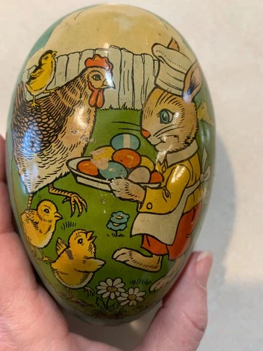 Vintage Metal Toy Egg Tin J Chein & Co Litho Candy Container Bunny Chick Easter