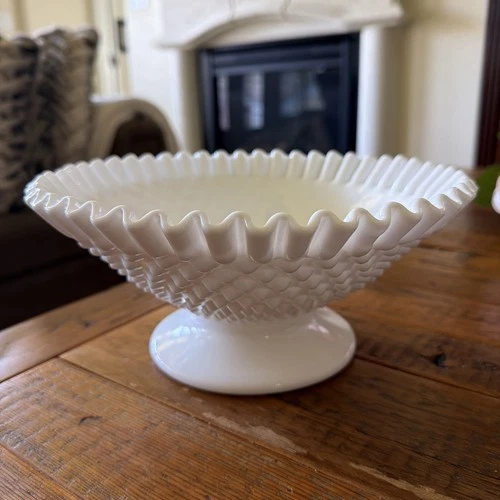 Vintage Fenton Hobnail White Footed Milk Glass Serving Bowl Crimped Edge 10” Día
