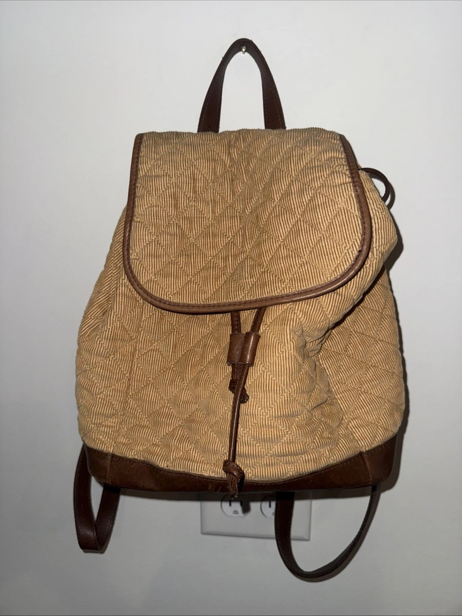 LL Bean Tan Corduroy and Lather Backpack Purse Vintage LL Bean Leather Backpack Tote Drawstring Bucket Bag  main image 3