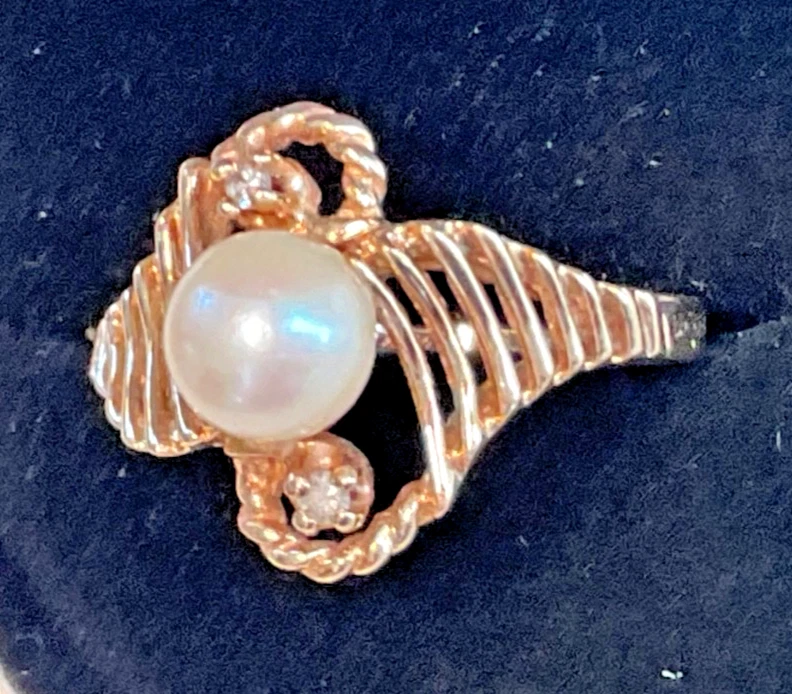 Anillo de diamantes y perlas de oro amarillo de 10K tamaño 7,5 4,42 g Foto 4 de 4