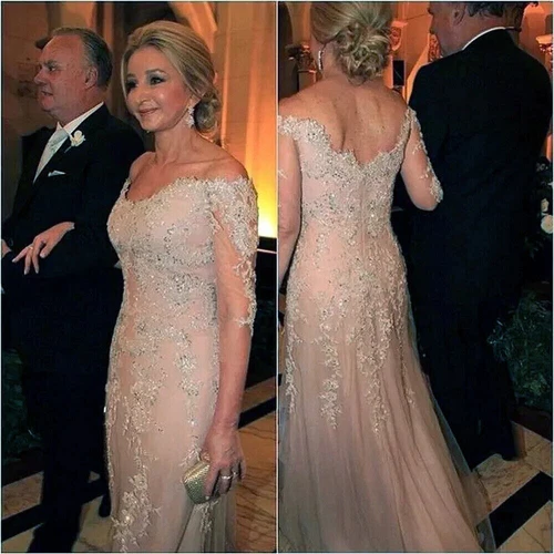 Übergröße Brautmutterkleid V-Ausschnitt Langarm Spitze Perlen Abendkleid - Bild 1 von 12