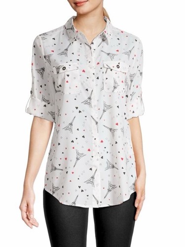 Karl Lagerfeld Women’s Size XS White Roll Tab Button Shirt Hearts Eiffel Towers
