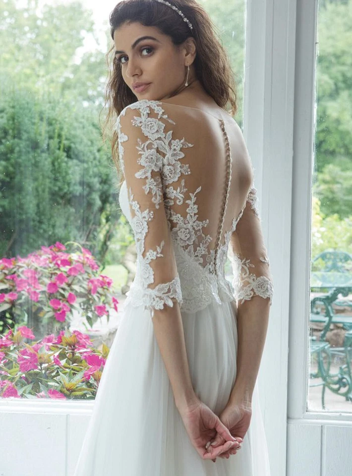 Weiß Tüll Brautkleid Hochzeitskleid Spitze Transparent Krosage m.Ärmel n.Maß Neu - Bild 2 von 4