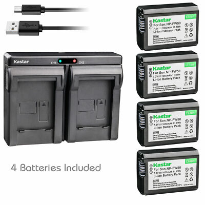 Kastar DUAL USB SLIM Charger & 4 Batteries for Sony NP-FW50 (Horizontal Style)