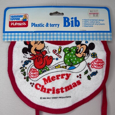 Vintage 1980s Baby Minnie and Mickey Mouse Merry Christmas Bib Tommee Tippee