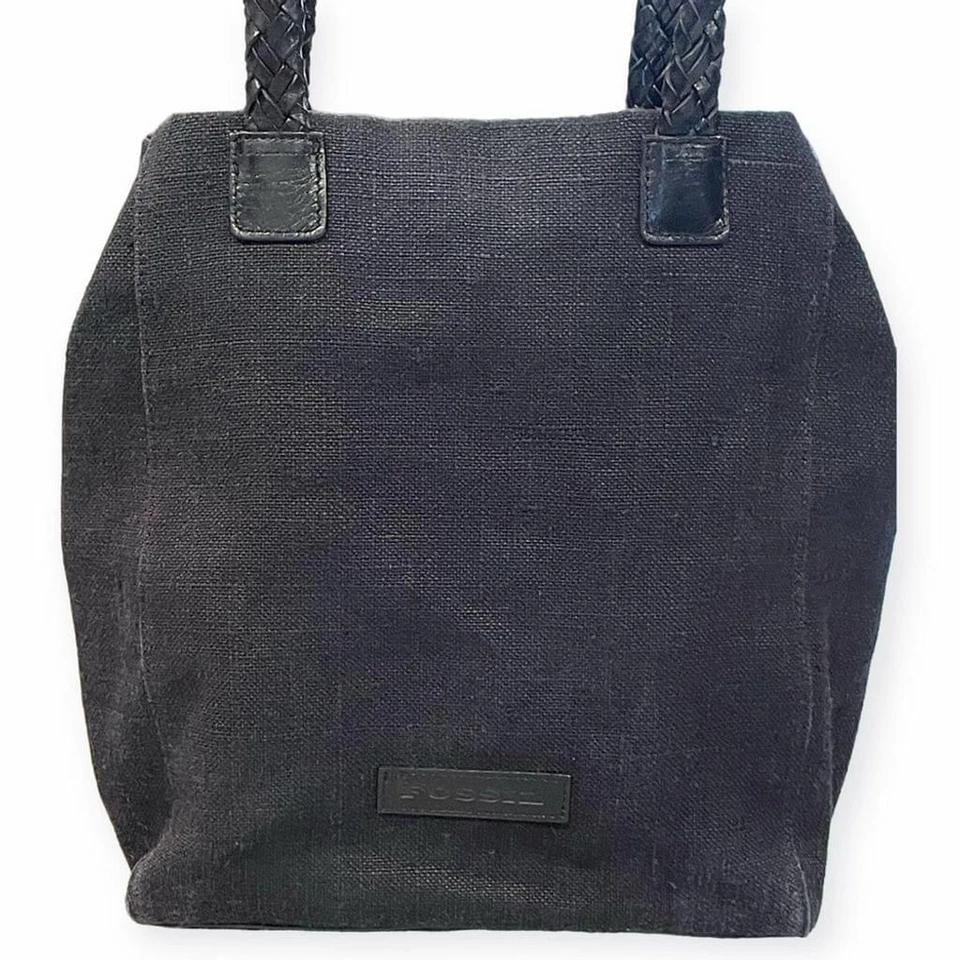 Bolso de Hombro de Lona Fossil 75082 Trenzado Doble Correas Tela Cuero Negro Llave Foto 3 de 4