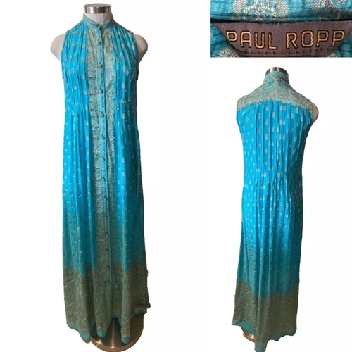 PAUL ROPP $745  Aqua /Gold Button Thru Silk Jacquard Dress 2/S/8Aust-UK/4-6US