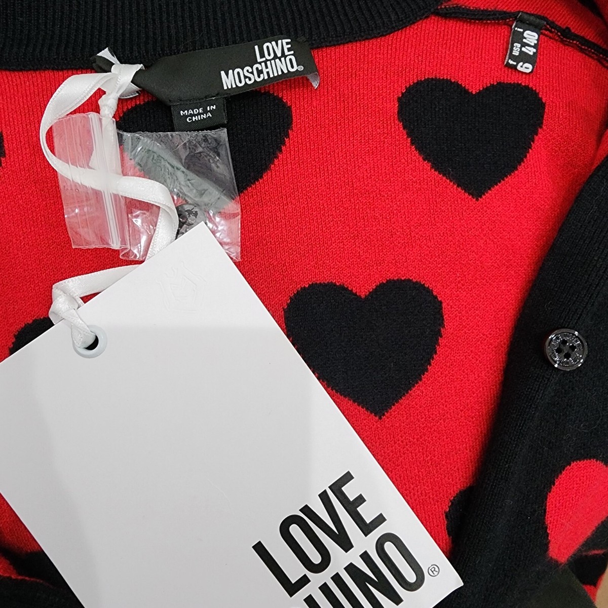 LOVE MOSCHINO カーディガン 40(M位) グレーx赤 【古着】【中古】 Love Moschino Black Red Hearts Cardigan Sweater EU 40 US 4 S NWT