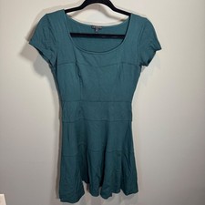 Theory Dark Green Skater Mini Dress Womens 2 Scoop Neck Short Sleeve Stretch Fit