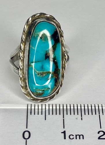 Anello Navajo vintage fatto a mano lungo ovale blu turchese gambo diviso misura 5 - Foto 14 di 17