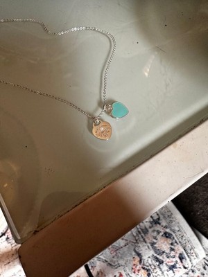 Tiffany & Co. Blue Mini Double Heart Tag Pendant Necklace 16''