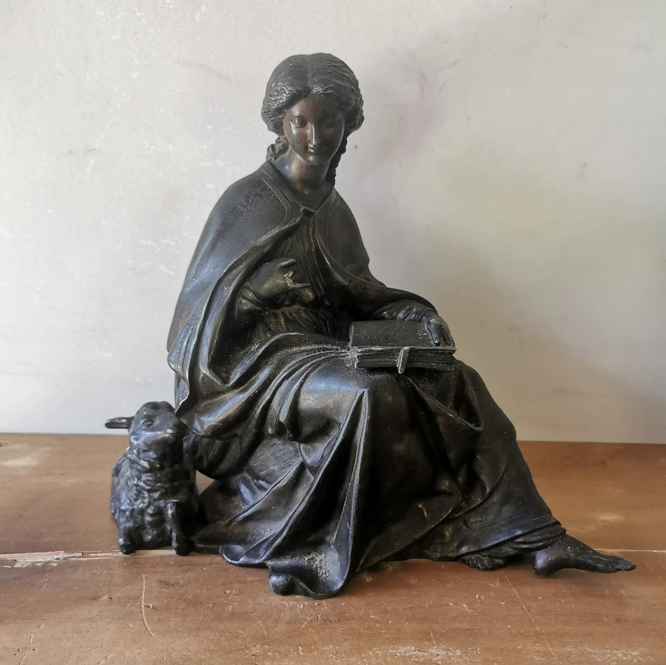 Statue Régule Liseuse Avec Mouton - Photo 1/4