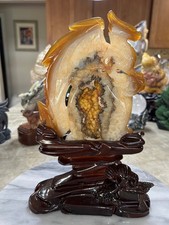 DRAGON Agate botryoidal druzy quartz Carving with custom wood stand