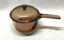 Vintage Corning VISION 1.5L Amber Glass Saucepan Sauce Pan W/ Lid USA