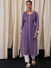 Indian Women Cotton Purple White Striped Printed Kurta Kurti Top Tunic Dress