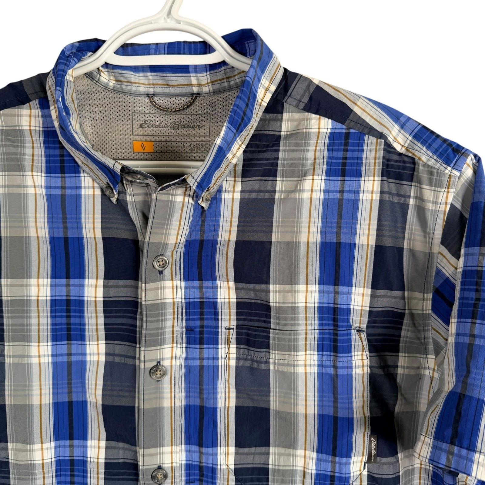 Eddie Bauer Travex Shirt Hiking Outdoors Mens L Blue Plaid Classic Fit