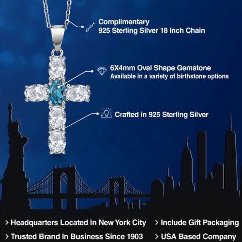 925 Sterling Silver White Topaz and London Blue Topaz Cross Pendant Necklace - Picture 2 of 6