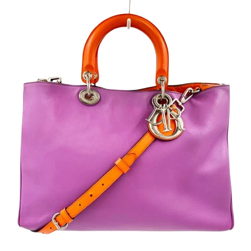 Sac bandoulière fourre tout Christian Dior Diorissimo 2 voies cuir violet orange