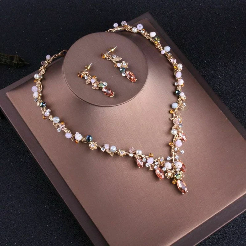 Creative Bride Pink Crystal Wedding Jewelry Baroque Tiara Necklace Earrings Set - Image 4 of 4