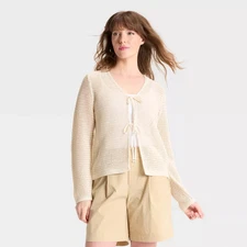 Women's Crochet-Style Tie Cardigan - A New Day Cream L