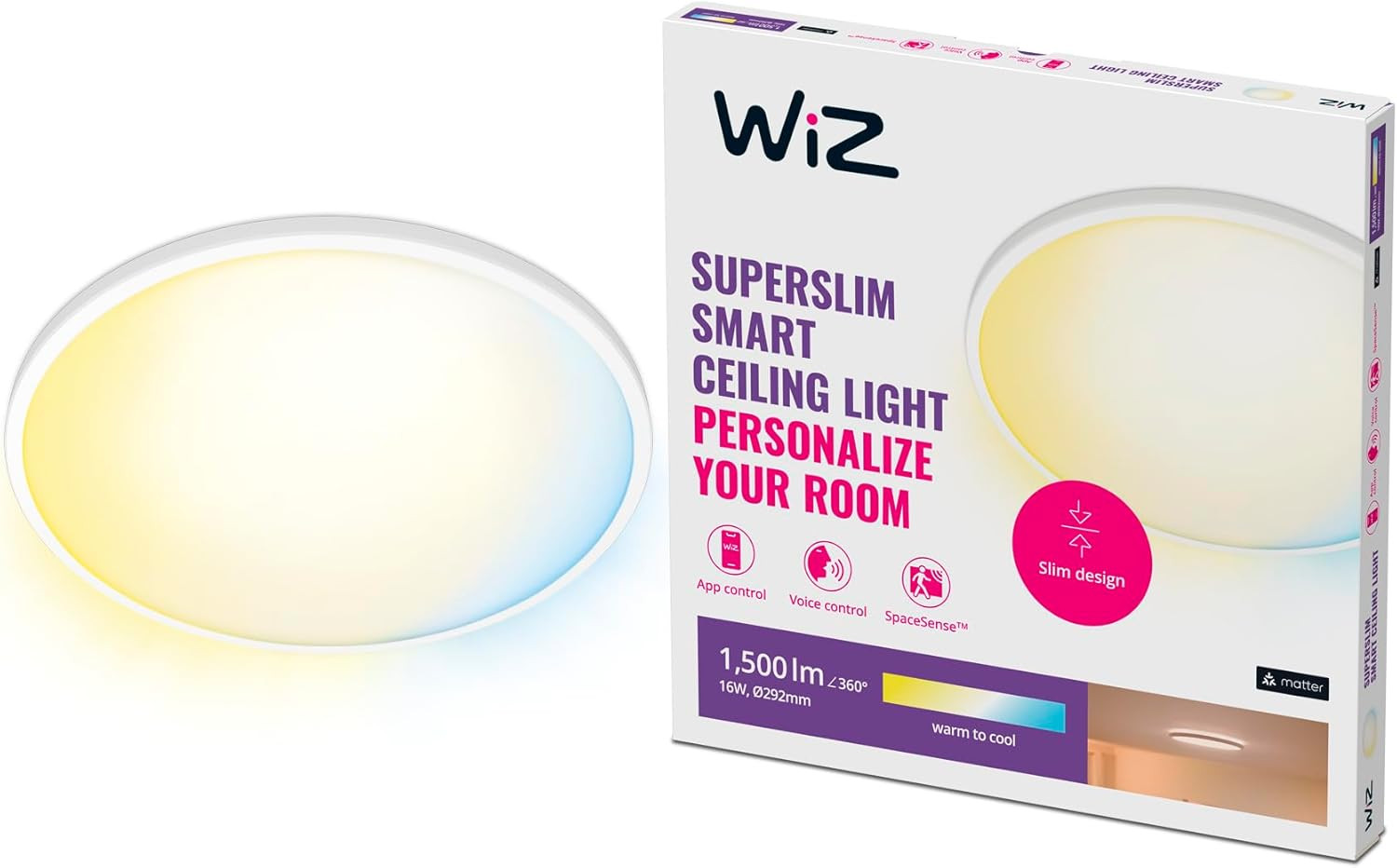 Plafoniera Smart Superslim Wifi, Luce Bianca Dimmerabile, 14W, Bianca, Tecnologi