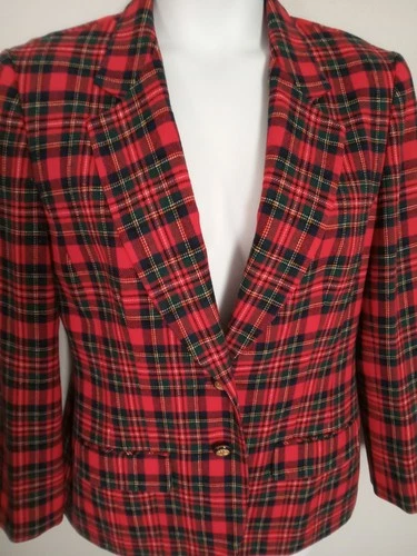 Vintage Womens 10 PENDLETON Wool Blazer Red Green Plaid Jacket Sport Coat Button