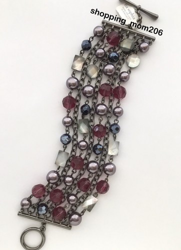 Lia Sophia "Jazz Berry" Hematite Tone w/Genuine MOP,Glass & Resin Beads Bracelet - Picture 2 of 3