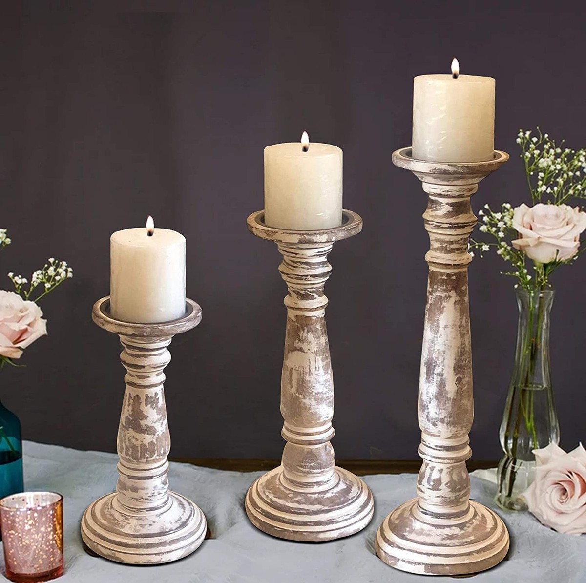 White Wood Pillar Candle Holder Set Of 3 Yorkmills Pillar Candle