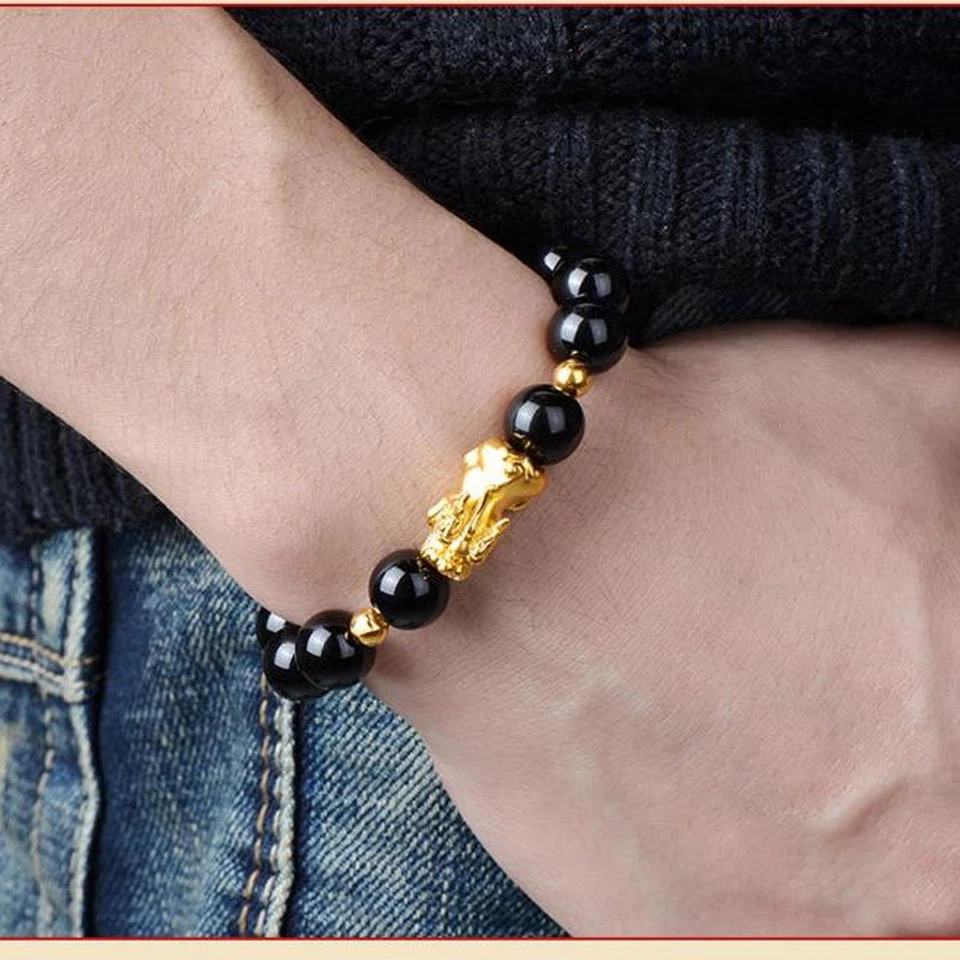 Brazalete de cadena de ágata negra de eslabones Pixiu 3D de 14*8 mm de oro amarillo puro de 24 quilates 999 Foto 2 de 2