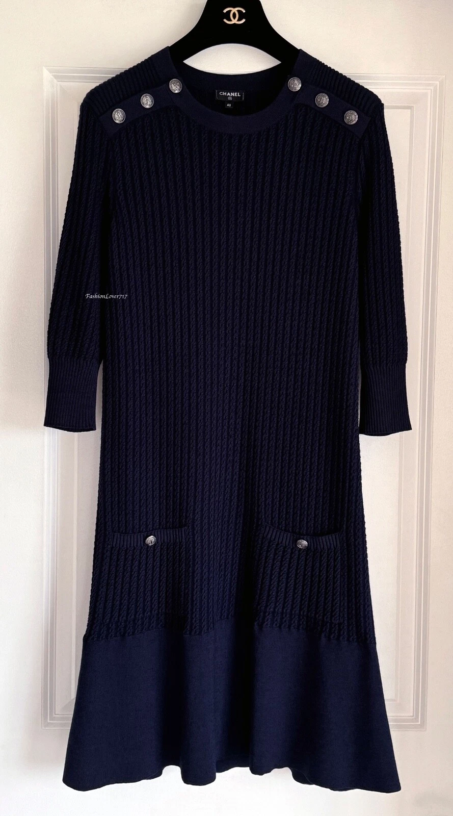 CHANEL 18A HAMBURG BLU NAVY MAGLIA MAGLIONE BOTTONI ARGENTO ABITO 42