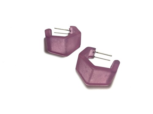 Amethyst Purple Frosted Hexagon Geo Hoop Earrings - Picture 5 of 7