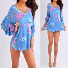 143 Story Blue Purple Brown Floral Bell Sleeve Blouse Shirt Top Medium MNWT