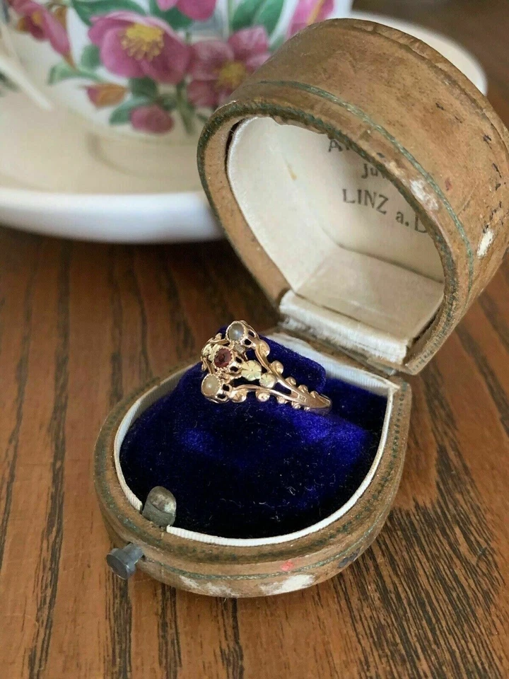 1.00 Ct Created Red Garnet Engagement French Floral Ring 14K Yellow Gold Finish - Image 4 of 4